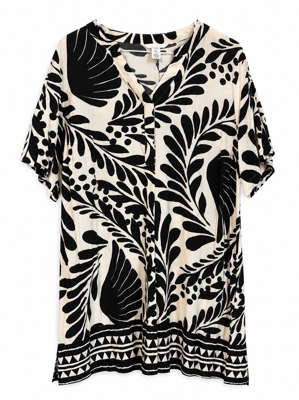 H&M Black White Tropical Leaf Print Shift Dress Women’s Large 100% Viscose Boho
